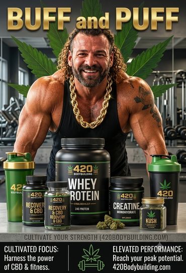 Muscular man promoting 420 Bodybuilding supplements.