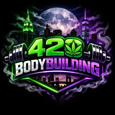 420 bodybuilding logo with cityscape and weights.