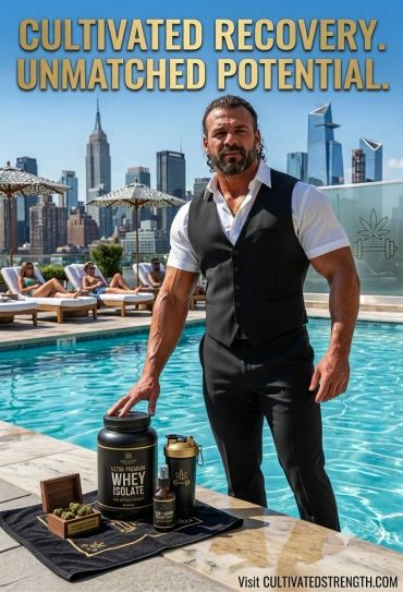 Man by pool promoting whey isolate protein and supplements.