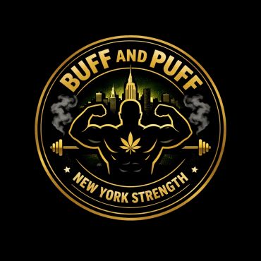 Logo with muscular figure, weightlifting bar and smoke, captioned 'Buff and Puff New York Strength'.