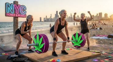 Three elderly women lifting weights with cannabis leaf designs on them at the beach.