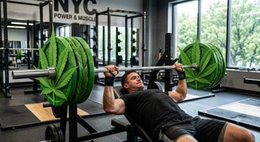 Man bench pressing weights with cannabis leaf plates.