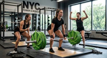 Women lifting weights in a gym setting.