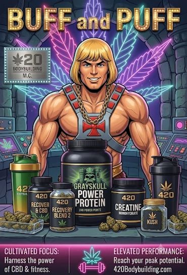Muscular cartoon with cannabis-themed supplements and neon leaf.