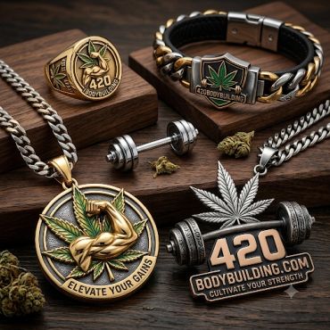 Jewelry with bodybuilding and cannabis motifs.