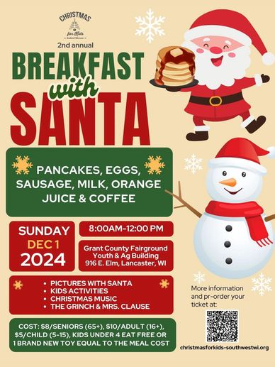 Flyer for Breakfast with Santa event on Dec 1, 2024.