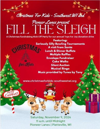 Christmas fundraising event 'Fill The Sleigh' on November 9, 2024, at Pioneer Lanes, Platteville, WI.