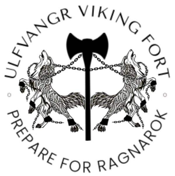 official logo for ulfvangr viking fort. logo has white background black letters and has two wolfs ch