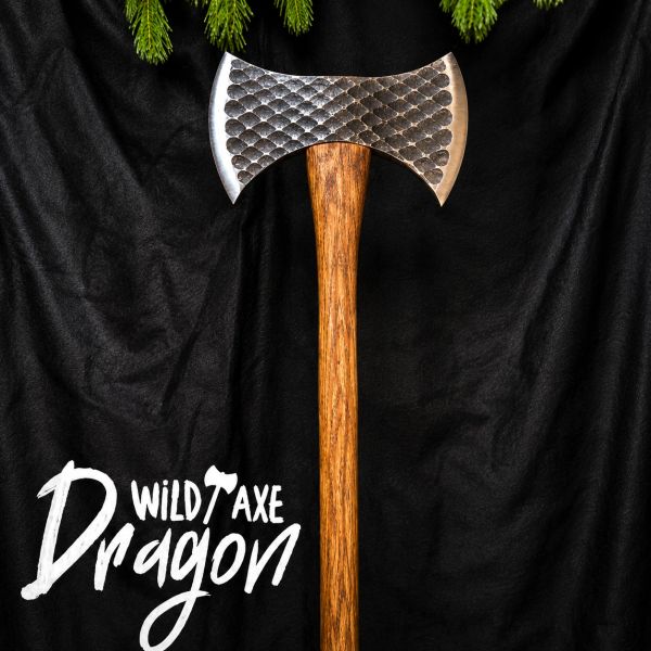 Double-bladed axe with a textured metal head and wooden handle against a black backdrop.