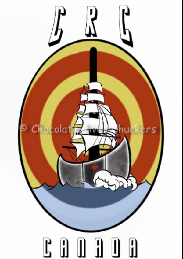 official logo of chocolate river chuckers or CRC logo is an upside down axe that has sails on it mea