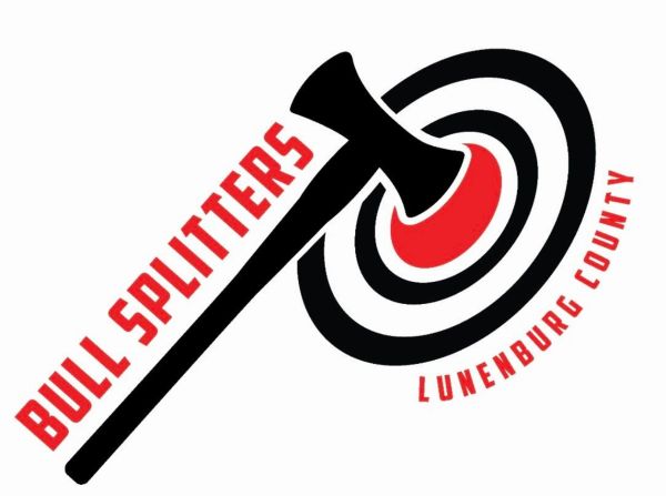 official logo of the Lunenburg county Bull Splitters. Black axe and target red letters 