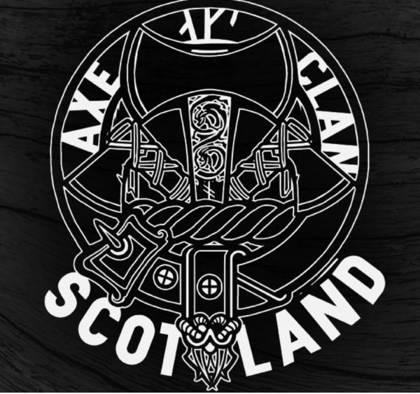 official logo of axe clan Scotland black background white text with a double bit axe front and centr