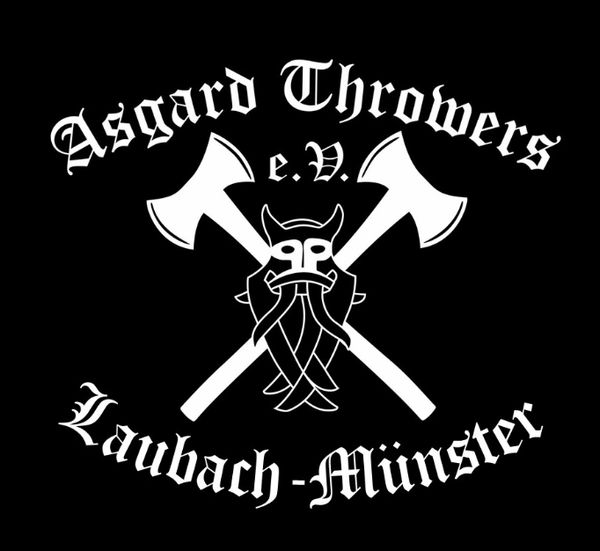 official logo of Asgard throwers. two crossing axes. black background white letters 
