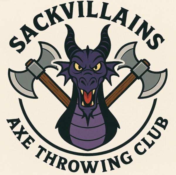 official logo for the sackvillians axe throwing club featuring a purple dragon and crossing double b