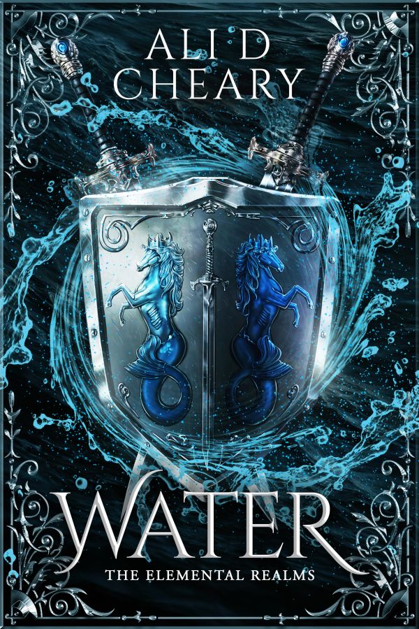 Book cover featuring a shield with aquatic designs and swords.