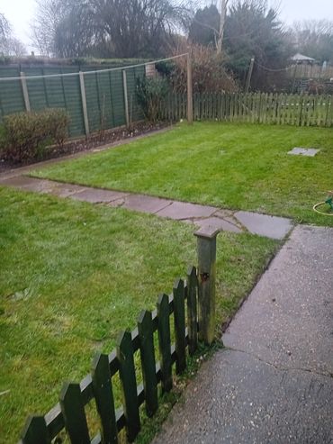 A green backyard with a small fence and a paved pathway on a cloudy day.