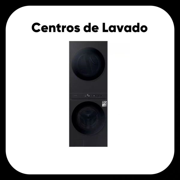 Centro de lavado negro moderno con secadora y lavadora apiladas.
