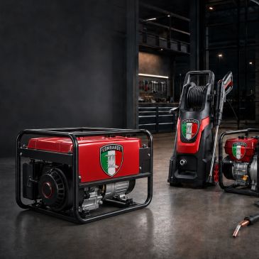 Lombardini branded red power tools and equipment in a workshop.
