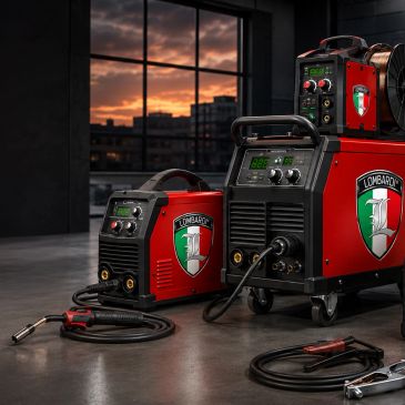 Red Lombardini welding machines set against a sunset window backdrop.