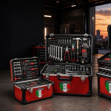 Three red toolboxes filled with organized hand tools in a workshop at sunset.