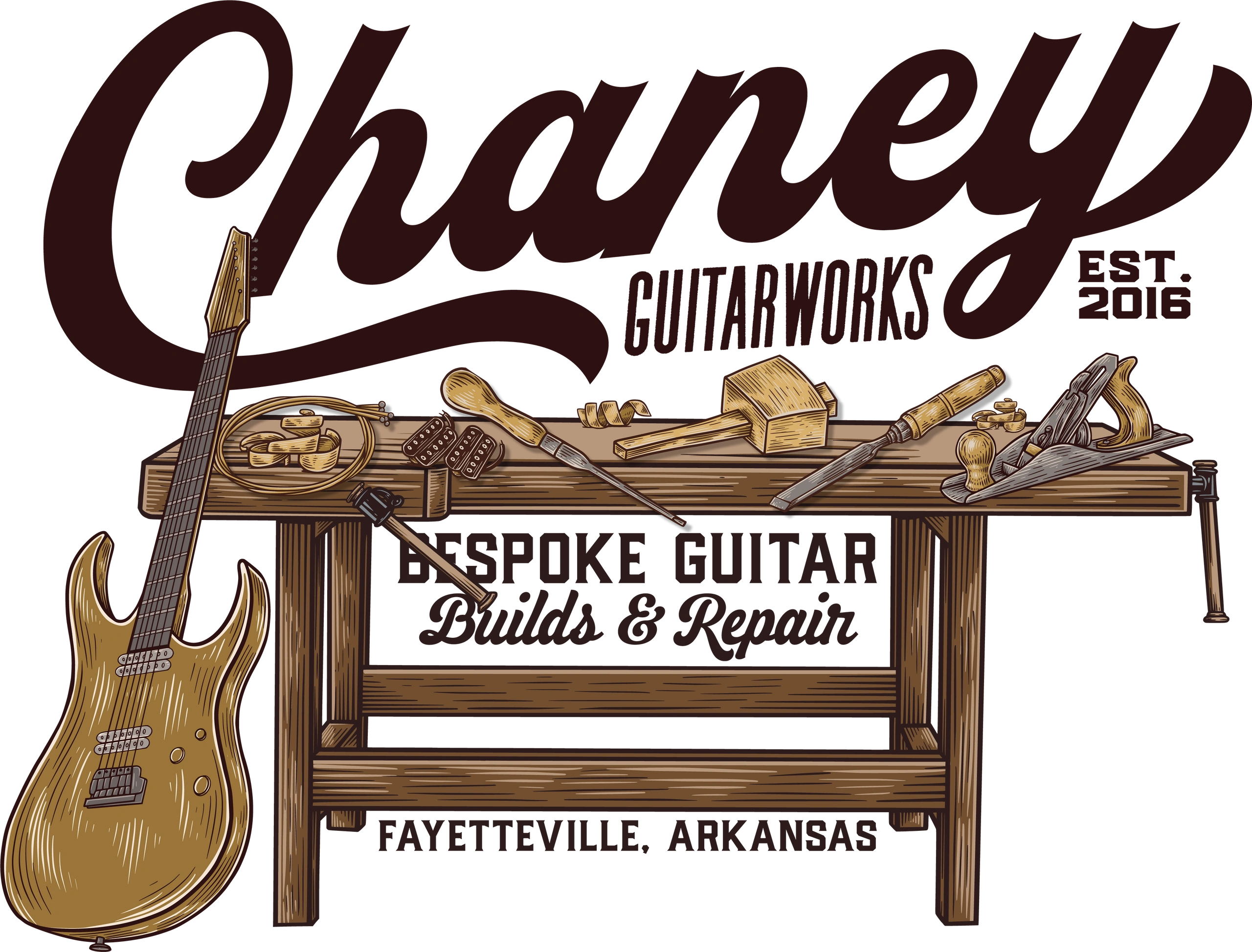 Chaney Guitars log; a guitar on a woodworking bench