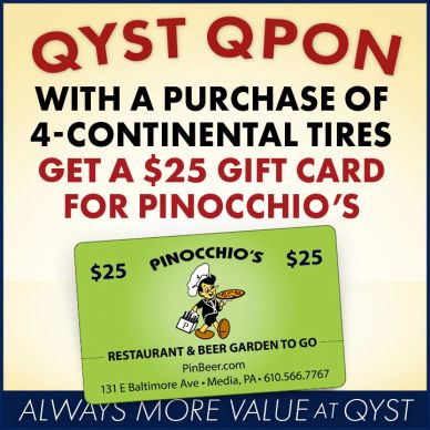 Qyst Tire $25 Pinocchio's Pizza Gift Card with purchase 4 Tire Coupon, Oil Change Coupon, Auto Fix