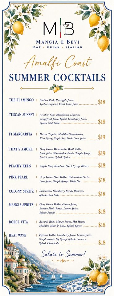 Amalfi Coast summer cocktail menu with tropical and citrus accents.