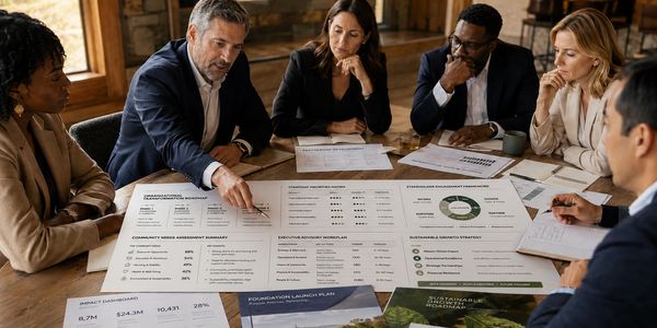 Nonprofit professionals sitting around a conference table developing a strategy plan.