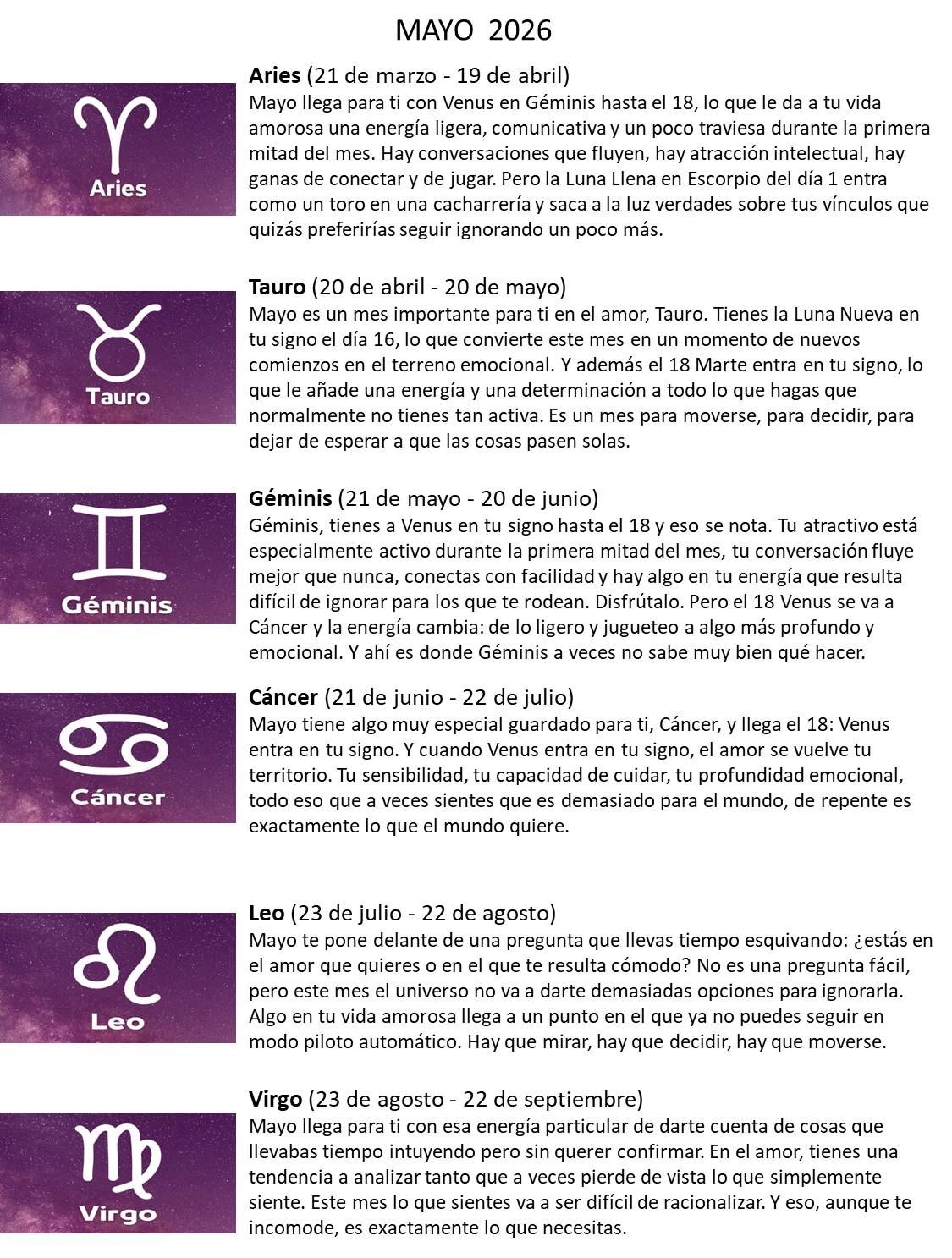 Horóscopos de mayo 2026 para Aries, Tauro, Géminis, Cáncer, Leo y Virgo con predicciones amorosas y energías planetarias.