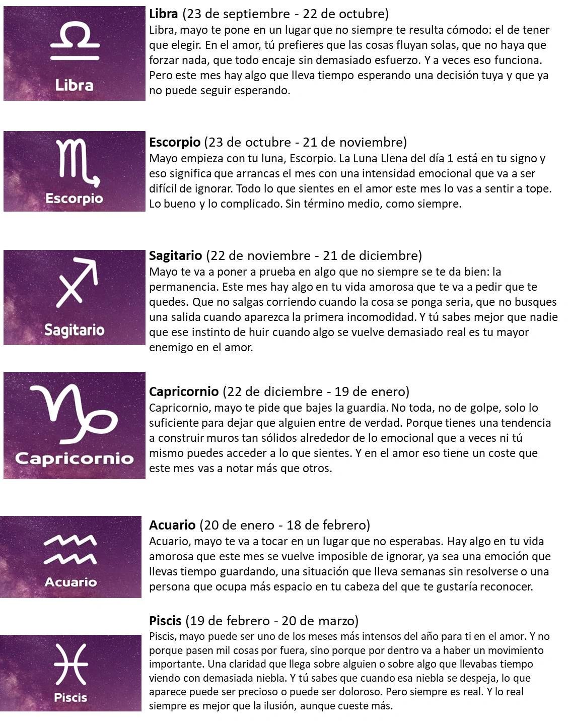 Horóscopos de mayo para Libra, Escorpio, Sagitario, Capricornio, Acuario y Piscis sobre amor y decisiones.