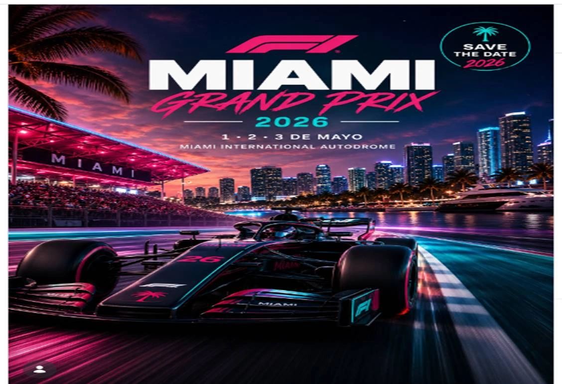 2026 Miami Grand Prix announcement with a futuristic Formula 1 car on a vibrant city track.