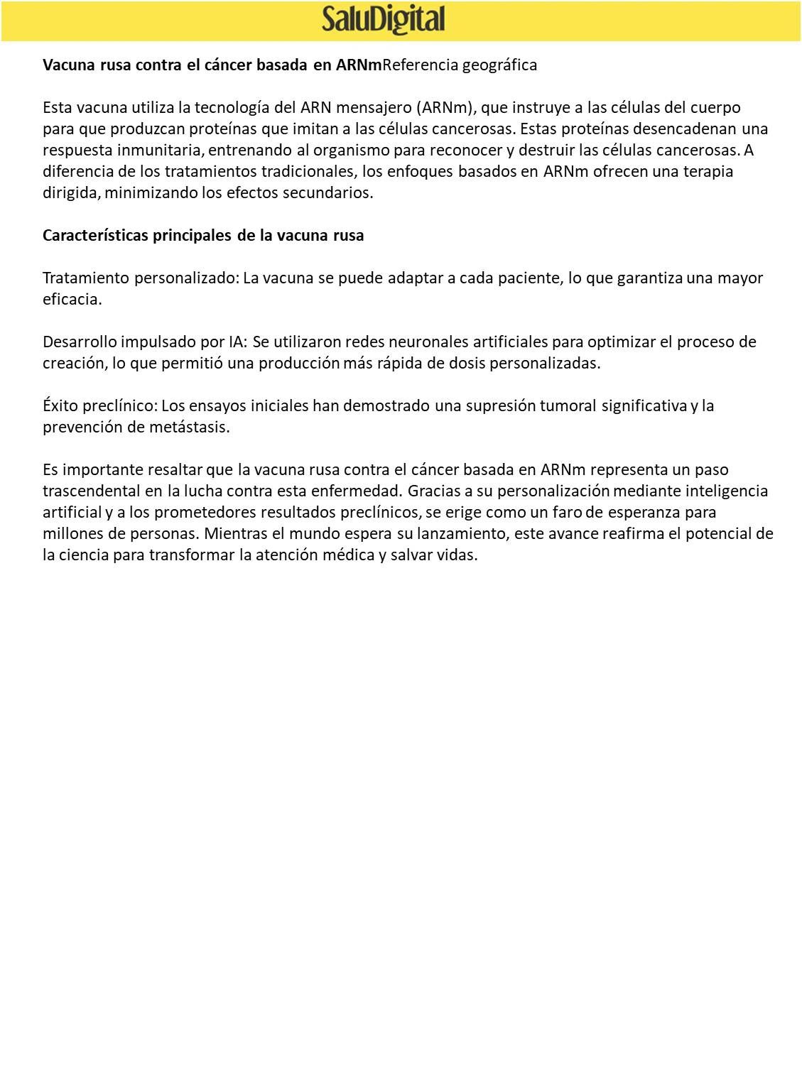 Resumen sobre la vacuna rusa contra el cáncer basada en ARN mensajero (ARNm).
