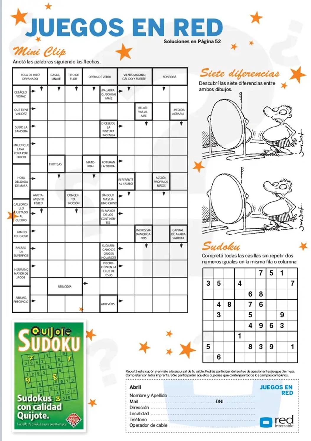 Página de juegos con crucigrama, diferencias y sudoku para entretenimiento.