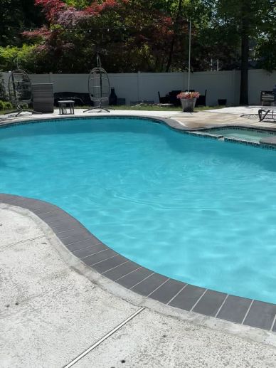 Sunny backyard with a clear swimming pool and patio furniture.