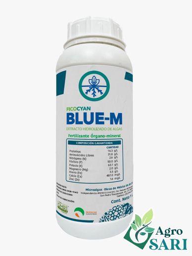 Envase de fertilizante orgánico Blue-M con extracto de algas.