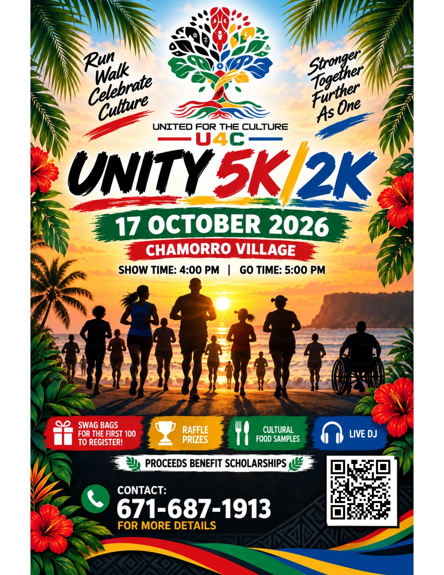 Promotional flyer for Unity 5K/2K run at Chamorro Village on October 17, 2026.