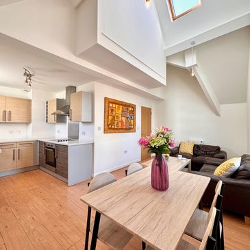 Modern open-plan kitchen and living area with high ceilings and skylight.