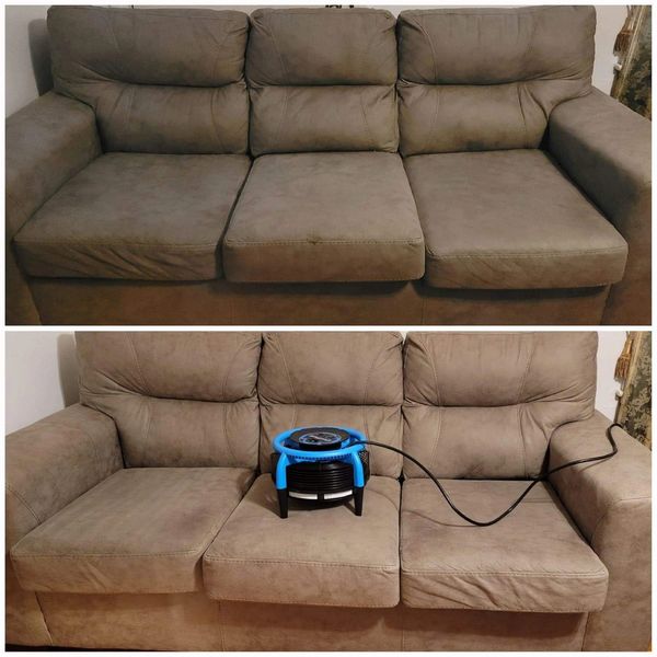 Before and after of a dirty sofa before an upholstery cleaning from Aaligiant
