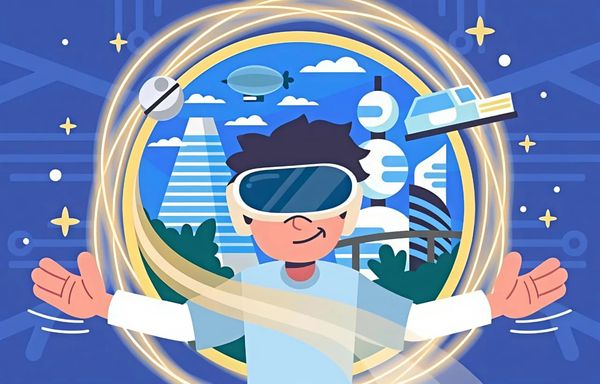 A boy wearing VR goggles experiencing a futuristic city.