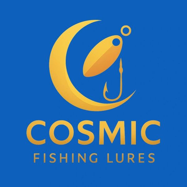Golden fishing lure and hook logo with crescent on blue background.