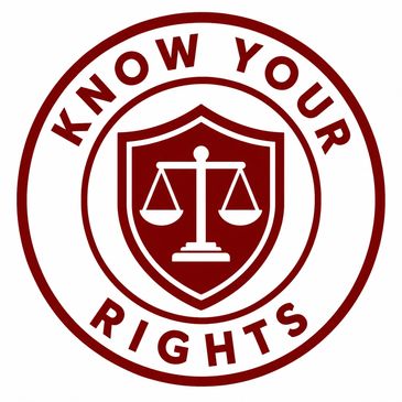 Scales of justice with text 'Know Your Rights' in a circle.