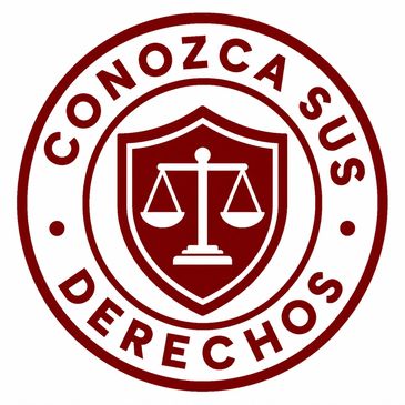 Logo with scales of justice and Spanish text about rights.