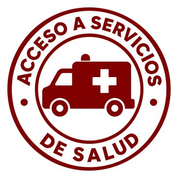 Healthcare services access symbol with ambulance and Spanish text.