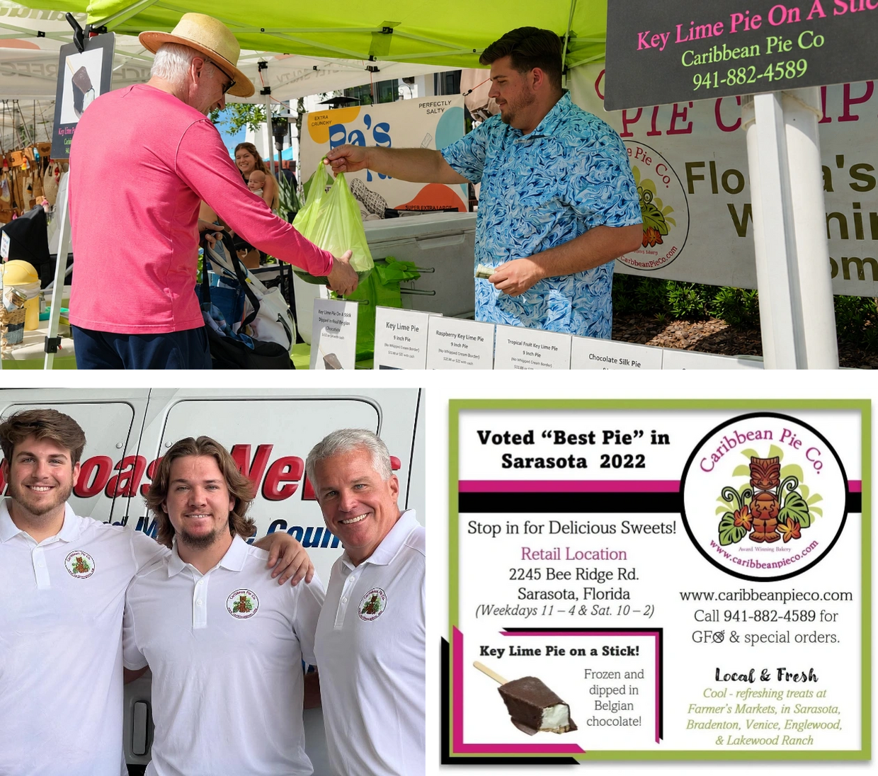 Advertisement for Caribbean Pie Co. in Sarasota, featuring key lime pie on a stick.