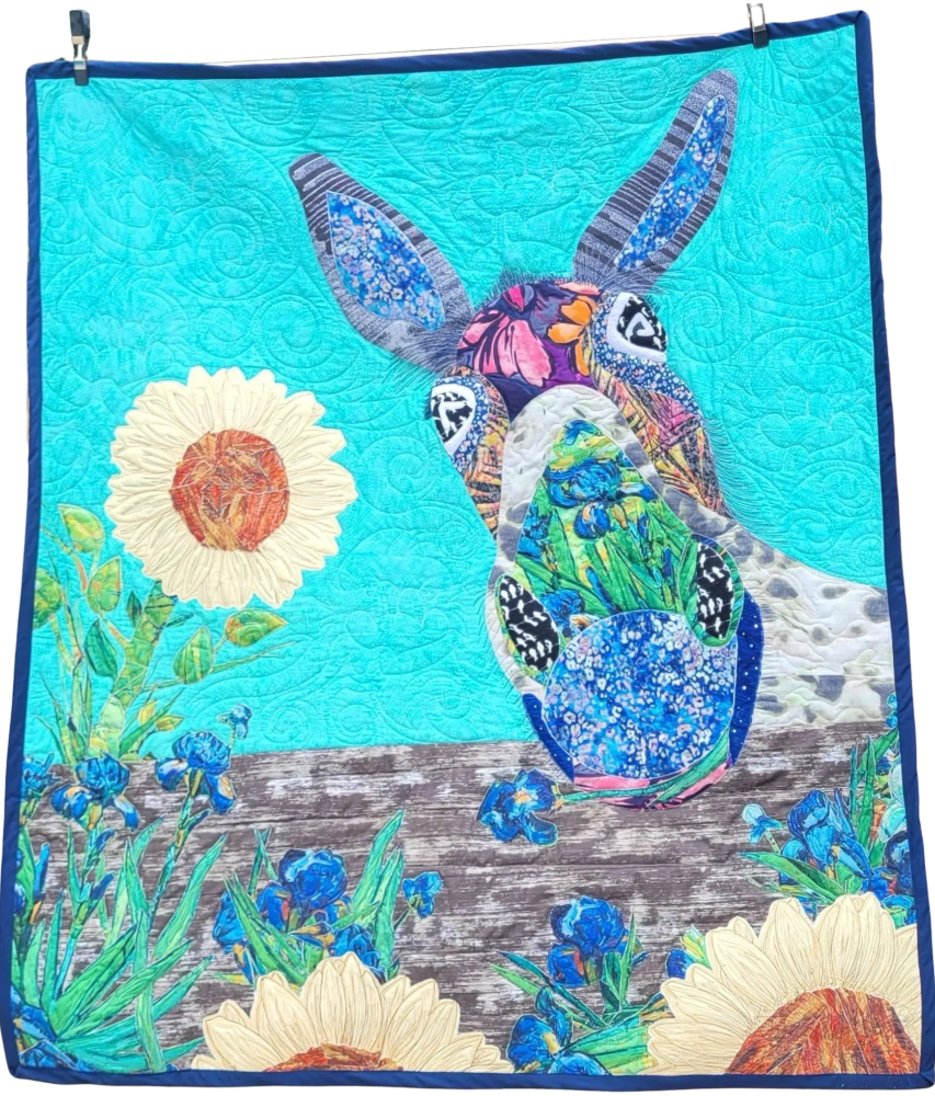 Lap quilt size Donkey Quilt appliqued in fabric from clothing, blue irises and yellow sunflowers 