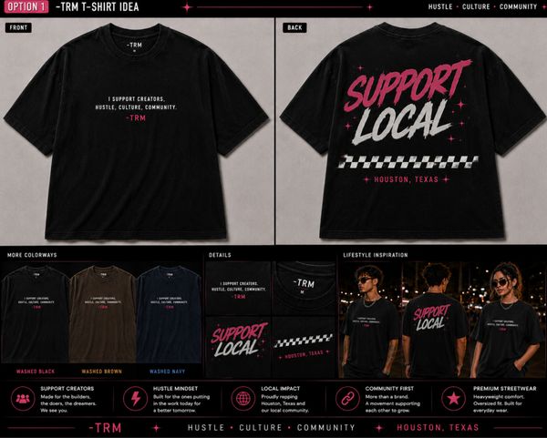 Black TRM T-shirt with supportive community messages on front and back.