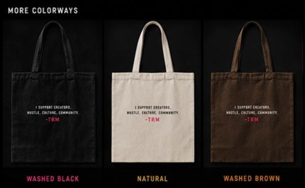 Three tote bags in washed black, natural, and washed brown colors with supportive text.