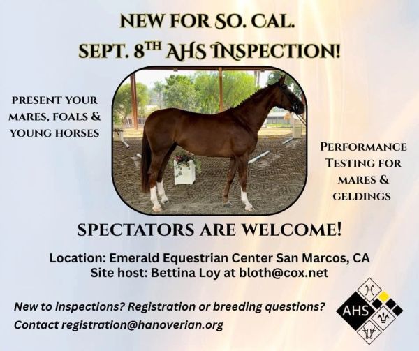 Announcement for AHHS horse inspection event on Sept. 8 in San Marcos, CA.
