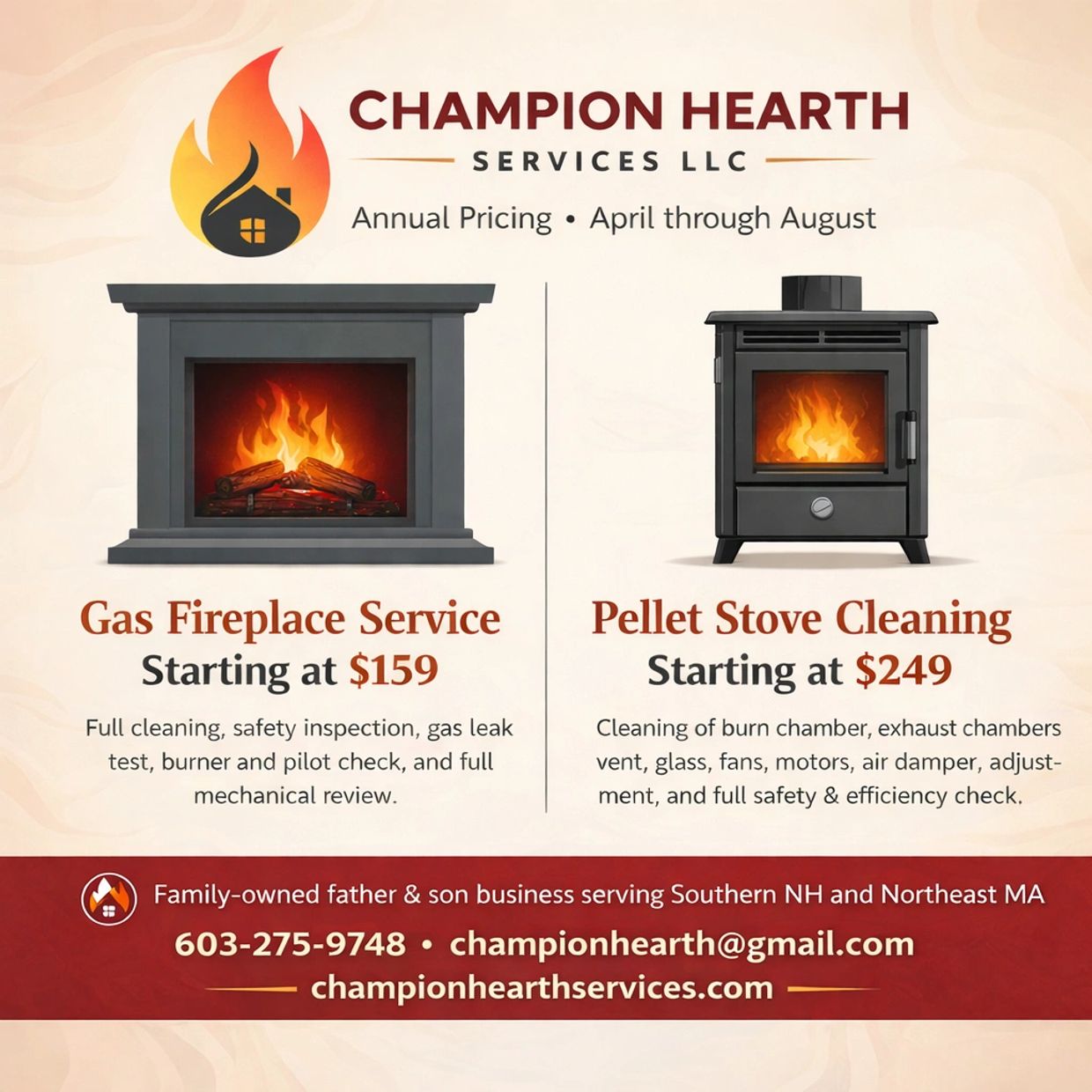 Champion Hearth offers gas fireplace and pellet stove cleaning services with annual pricing.
