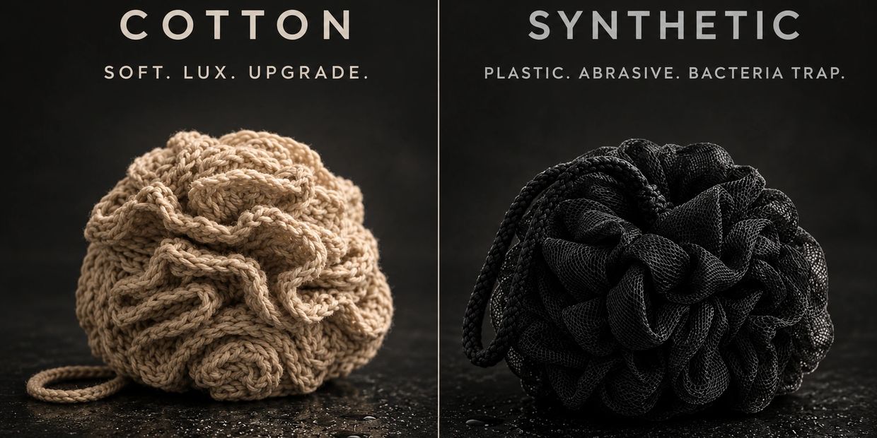 Side‑by‑side comparison of a beige cotton shower pouf and a black synthetic mesh pouf.